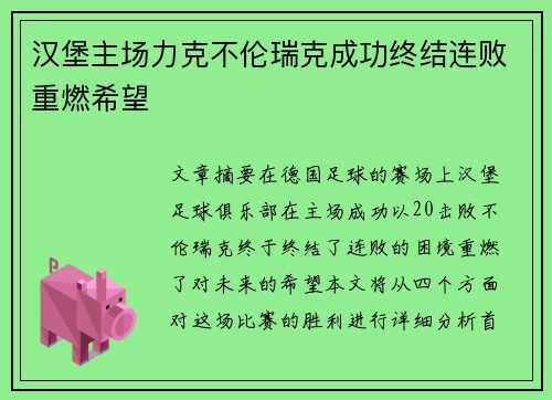 汉堡主场力克不伦瑞克成功终结连败重燃希望