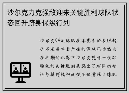 沙尔克力克强敌迎来关键胜利球队状态回升跻身保级行列