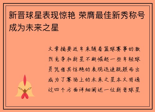 新晋球星表现惊艳 荣膺最佳新秀称号成为未来之星