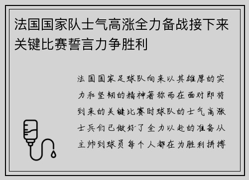 法国国家队士气高涨全力备战接下来关键比赛誓言力争胜利