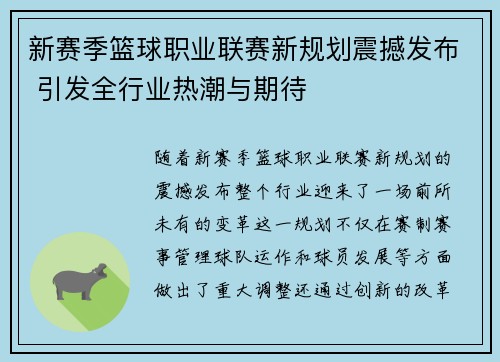 新赛季篮球职业联赛新规划震撼发布 引发全行业热潮与期待