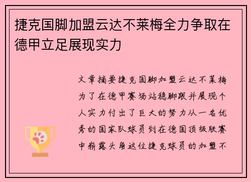 捷克国脚加盟云达不莱梅全力争取在德甲立足展现实力